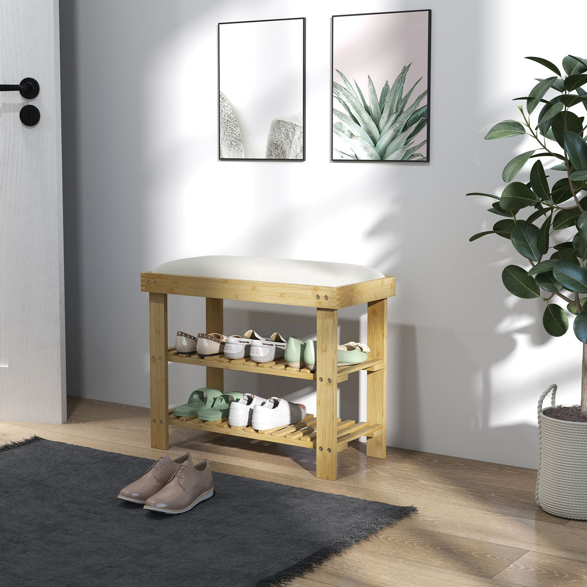 Banc à chaussures en bambou avec rangement, blanc crème, 60x29x49 cm