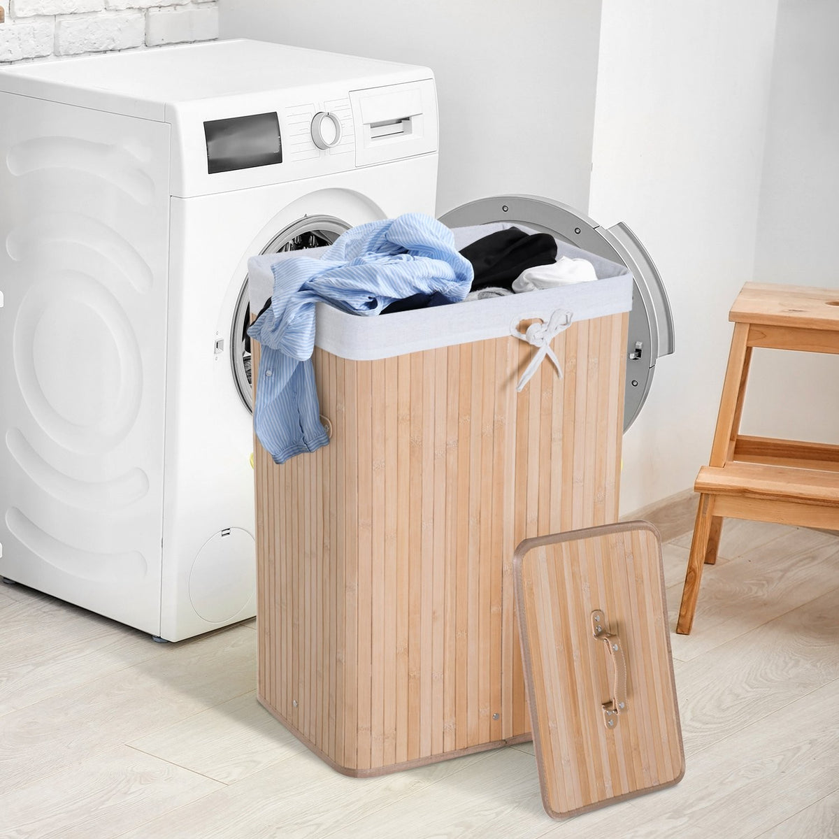 Panier à linge pliant en bambou 72L – sac en toile avec couvercle