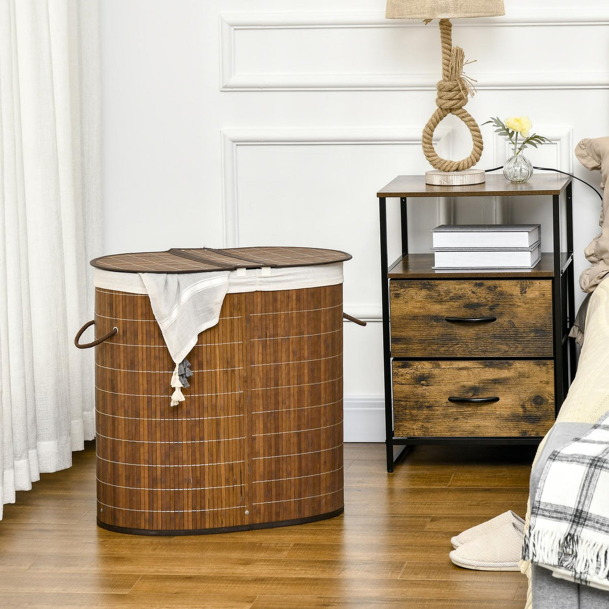 Panier à linge en bambou avec couvercle – 100L, 2 sacs inclus