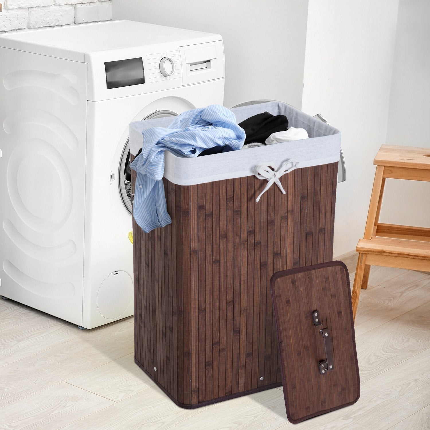 Bambu tvättkorg med lock, 72L, hopfällbar & tvättbar