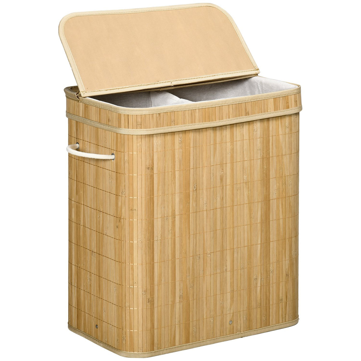 Panier à linge en bambou avec couvercle et 2 compartiments, 90L
