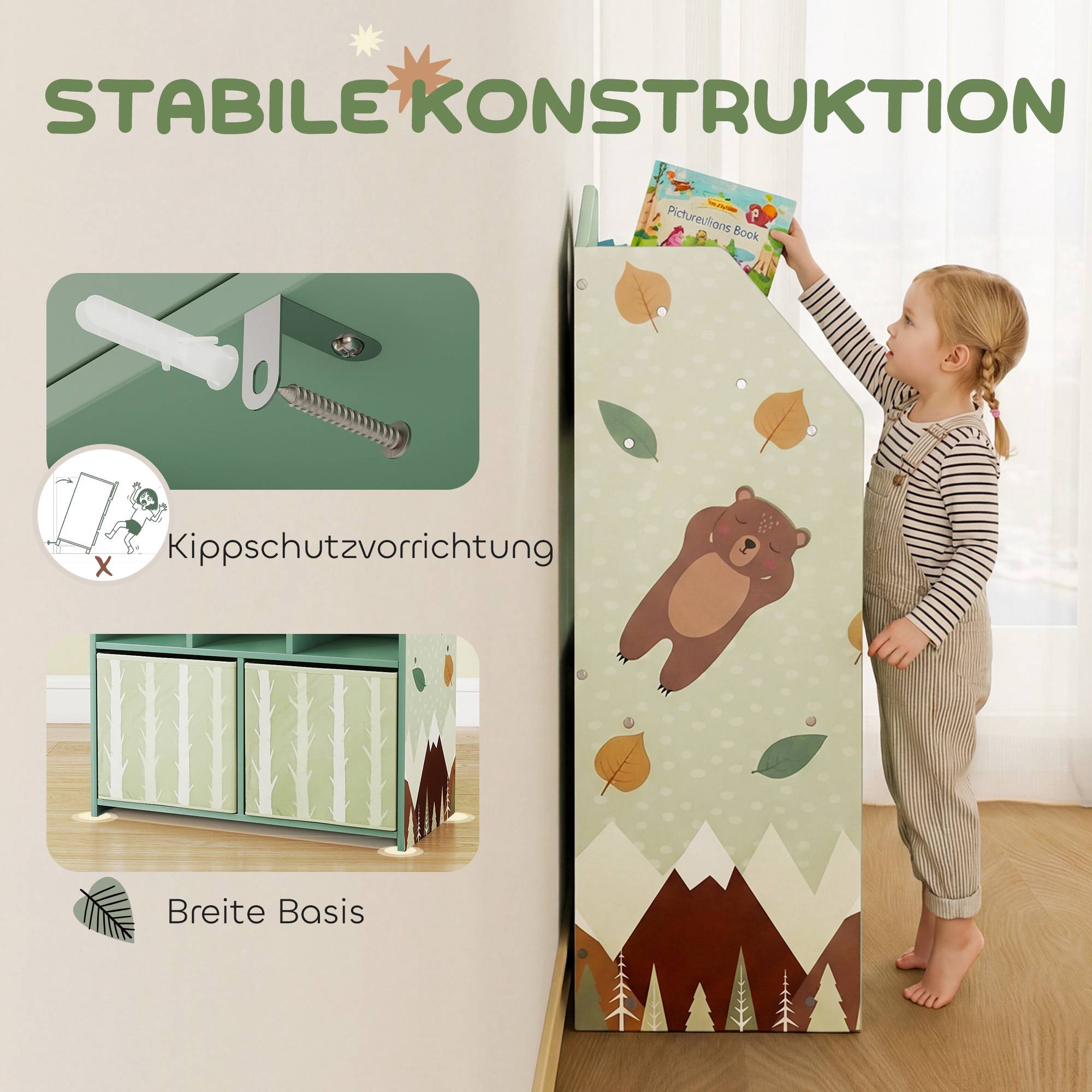 Barnbokhylla med 2 tyglådor, grön, 91,5 cm