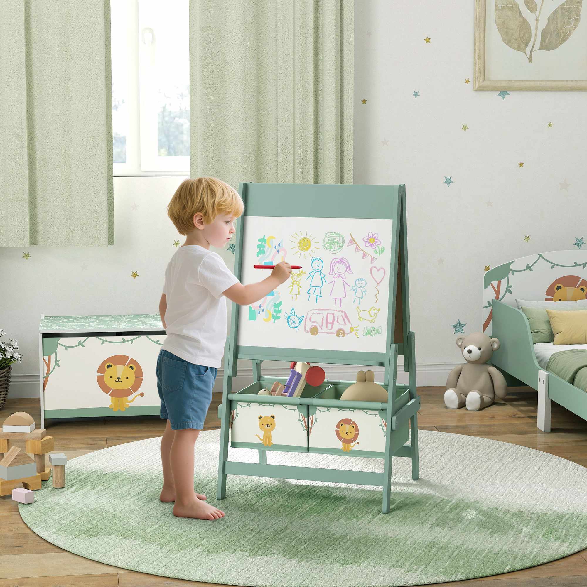 Barnens 3-i-1-staffli med svarta tavlor, whiteboard och pappersrulle