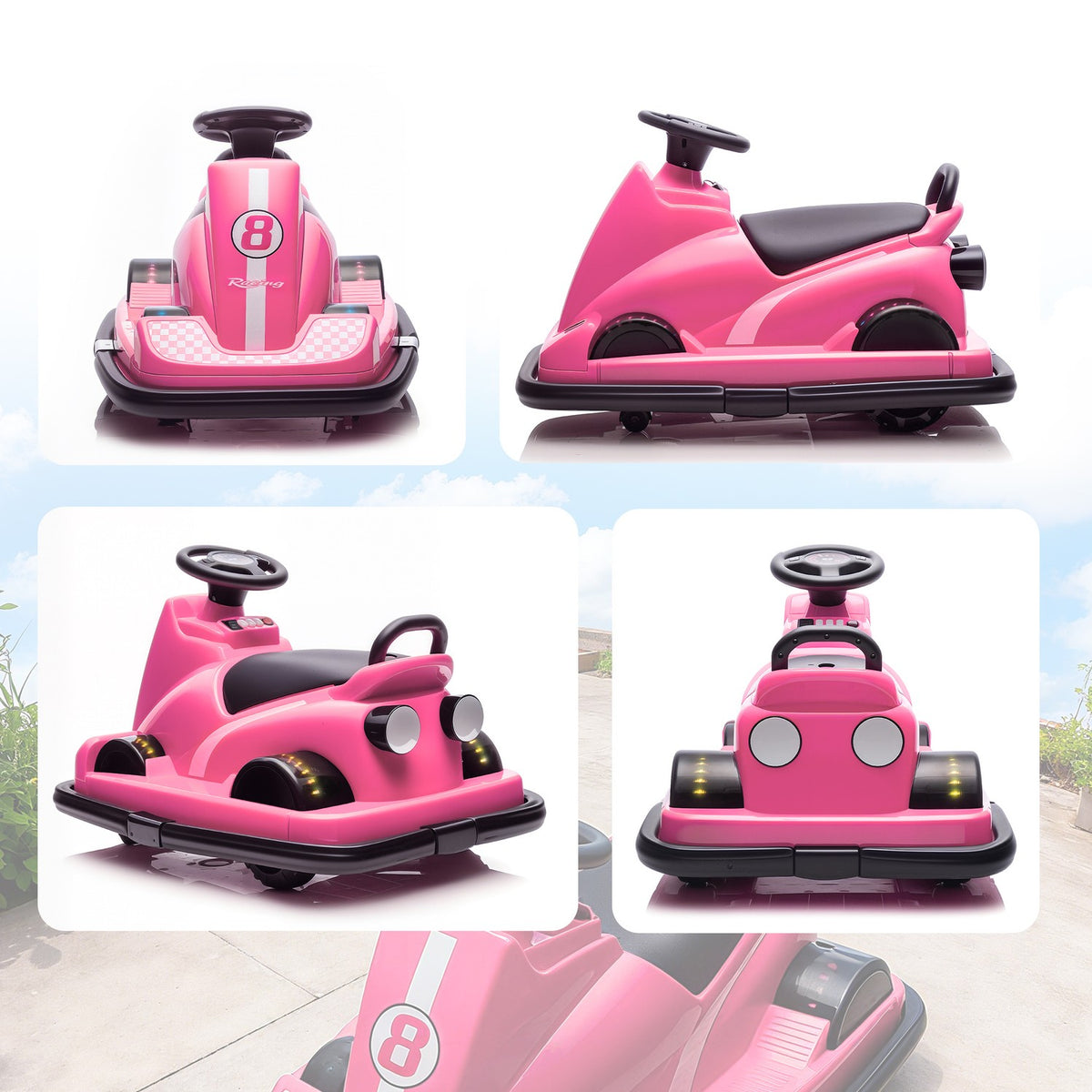 Barnens stötfångarbil, 360 graders snurr, LED-ljus, musik, rosa