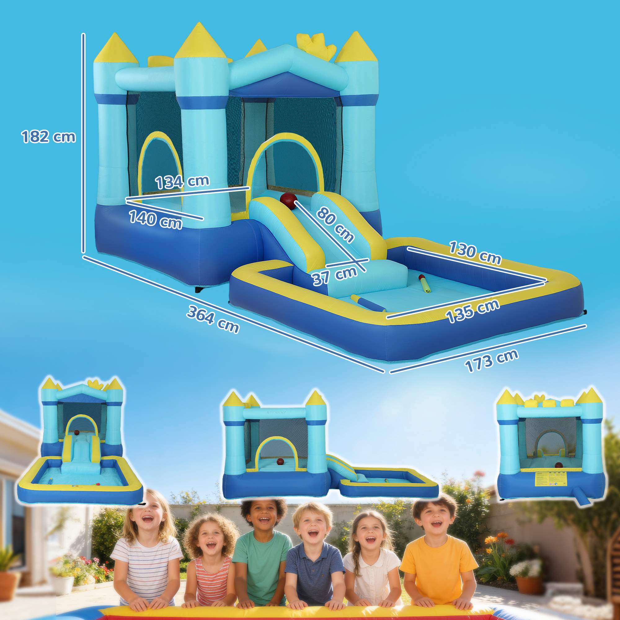 Barnhoppshus med rutschkana, pool och vattenpistoler