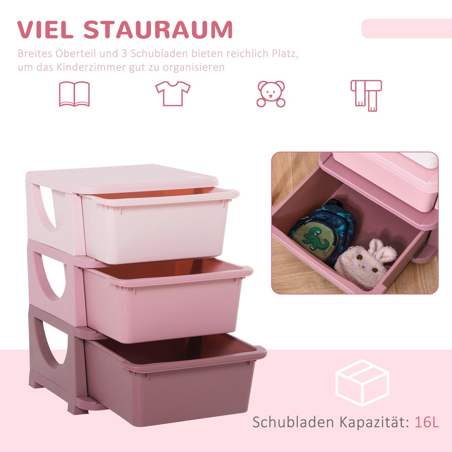 Barns 3-vånings leksaksförvaring Lådskåp – Rosa