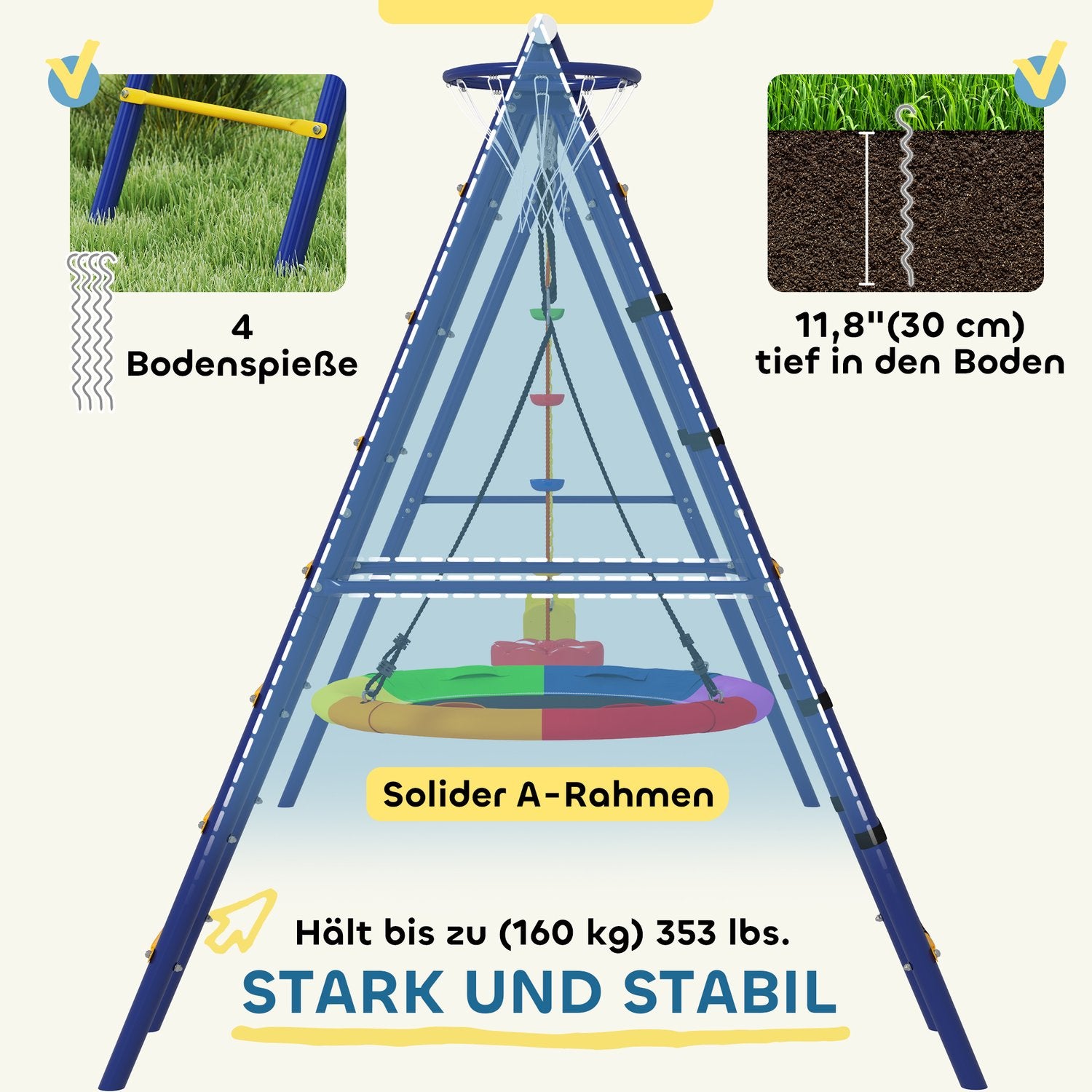 Barns 6-i-1 gungsats i stål med klätternät