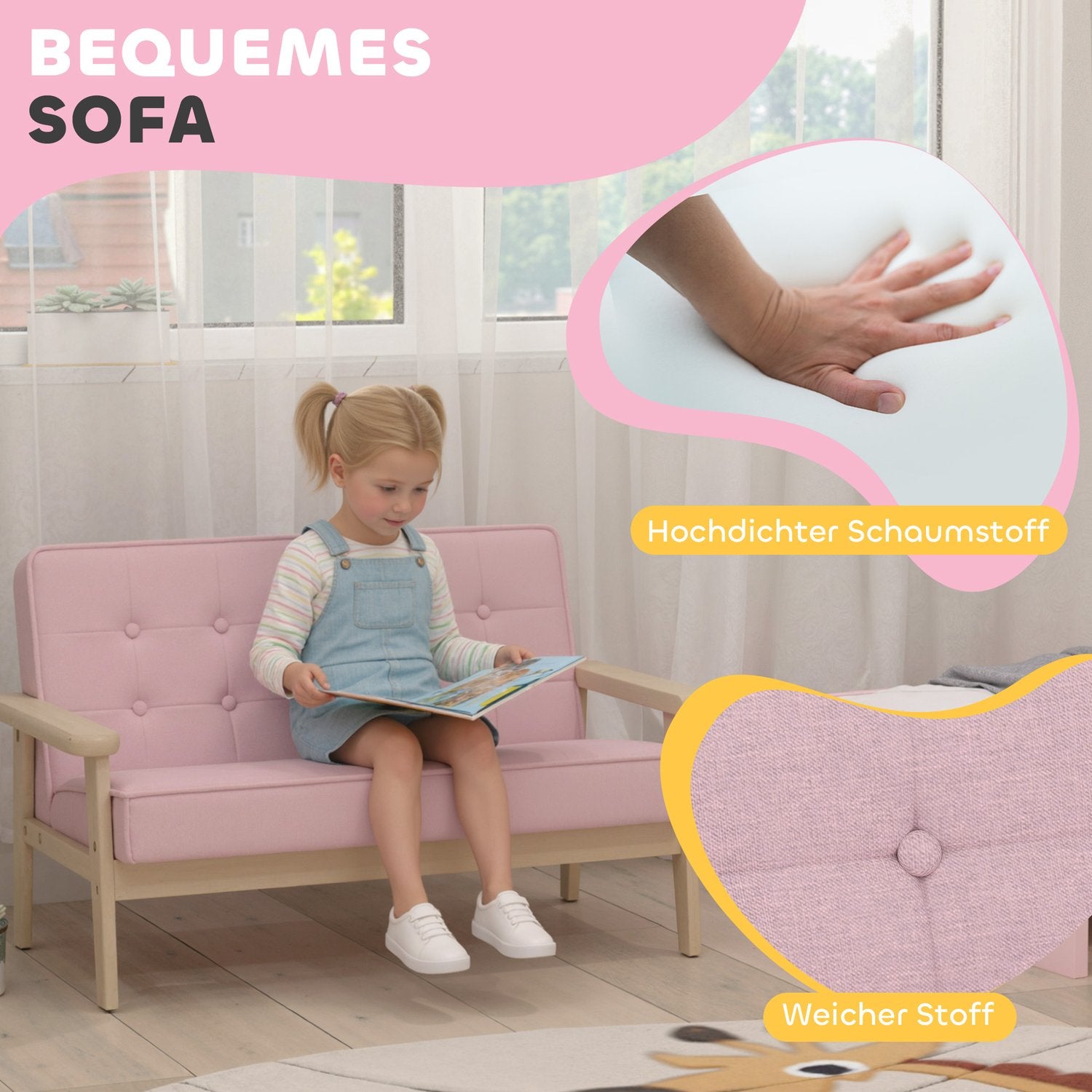 Barnsoffa, sammetsliknande, träram, åldrar 3-15, rosa