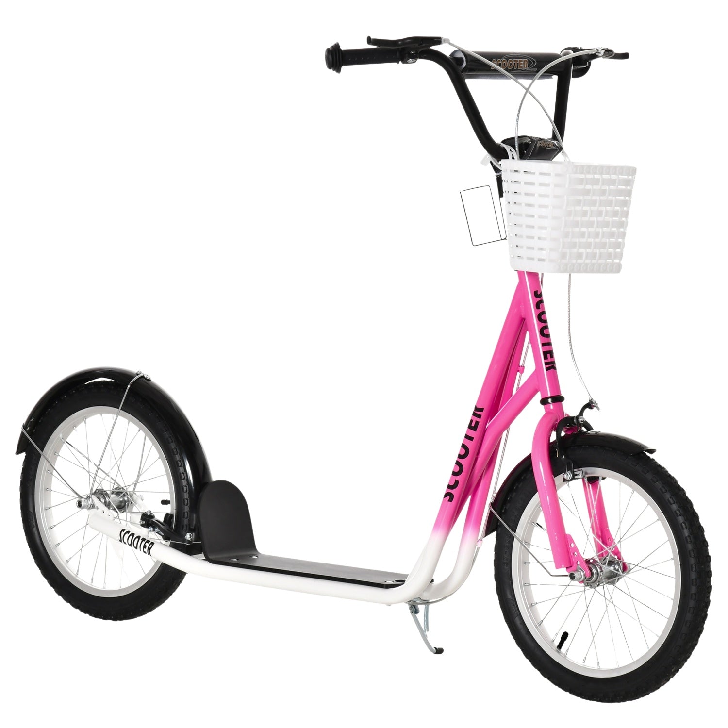 Barnsparkcykel i rosa och vit, justerbar höjd, med korg