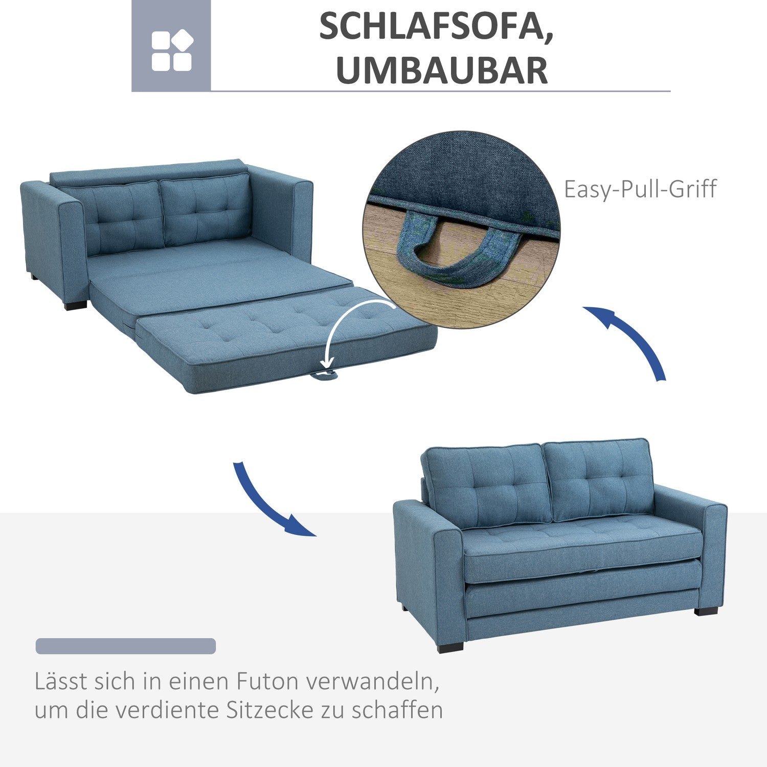 Bäddsoffa i blå tyg med sovfunktion, 2-sits