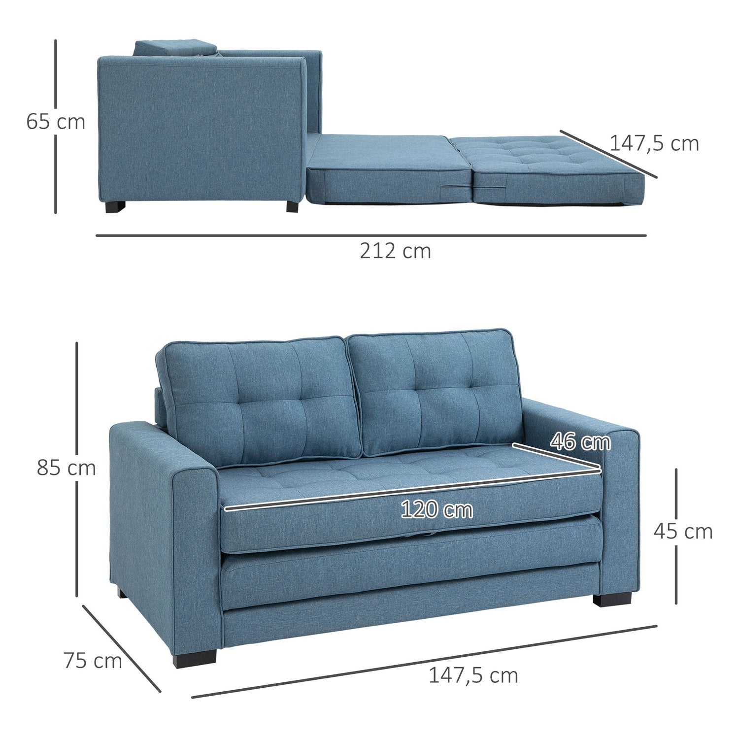 Bäddsoffa i blå tyg med sovfunktion, 2-sits
