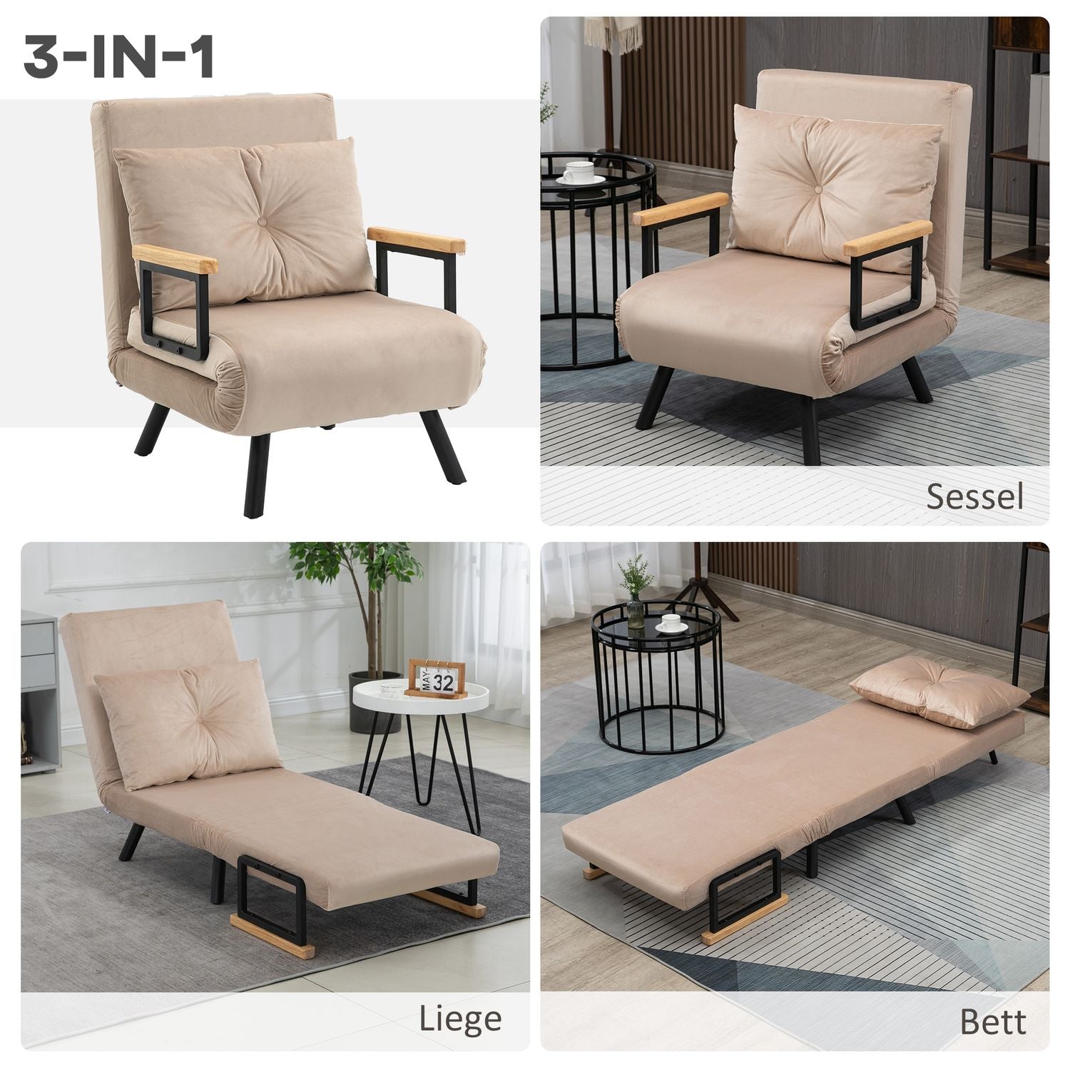 Bäddsoffa med justerbart ryggstöd, sammetslook, beige