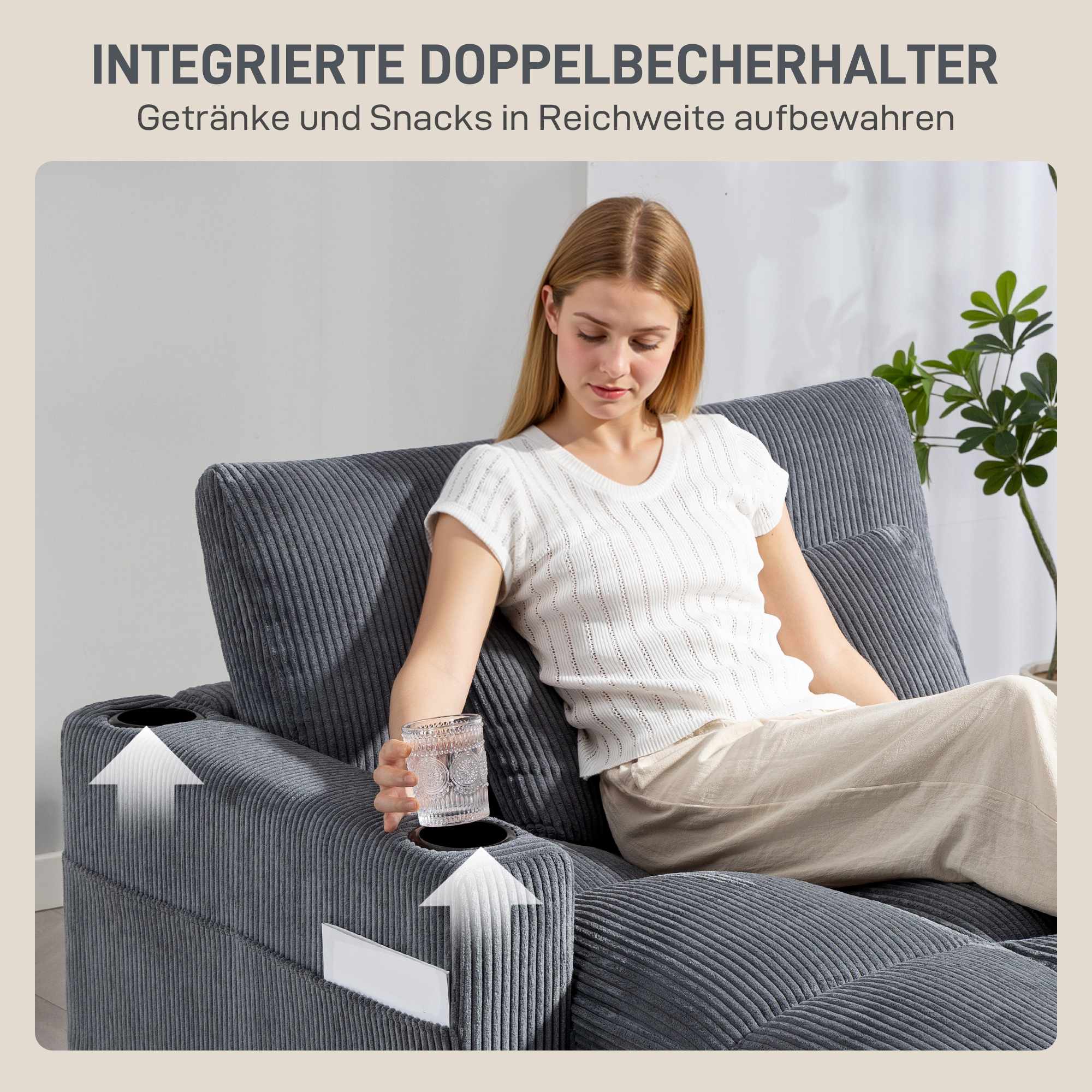 Bäddsoffa med mugghållare, djup sits, mörkgrå sladd