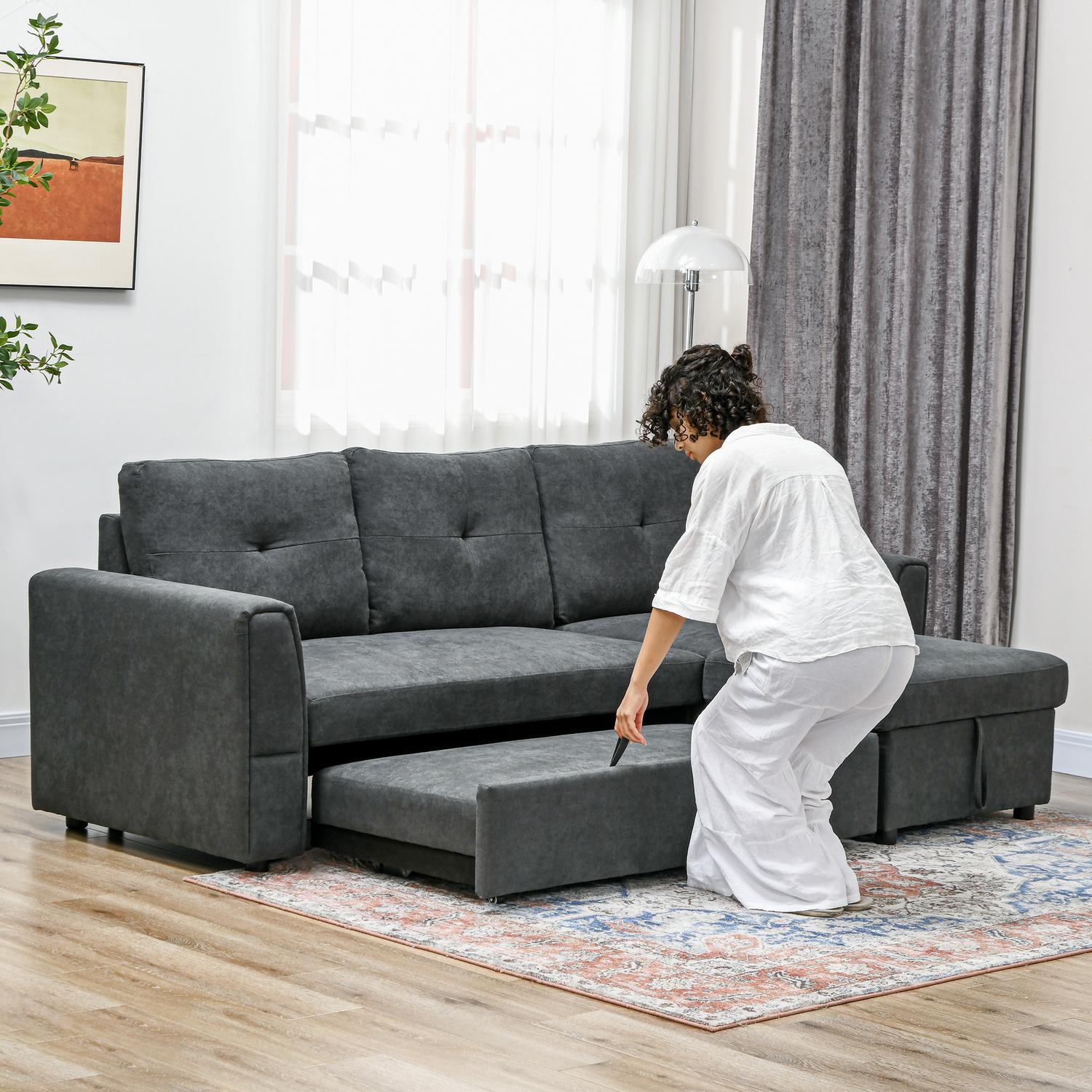 Bäddsoffa med schäslong, 3-sits, mörkgrå