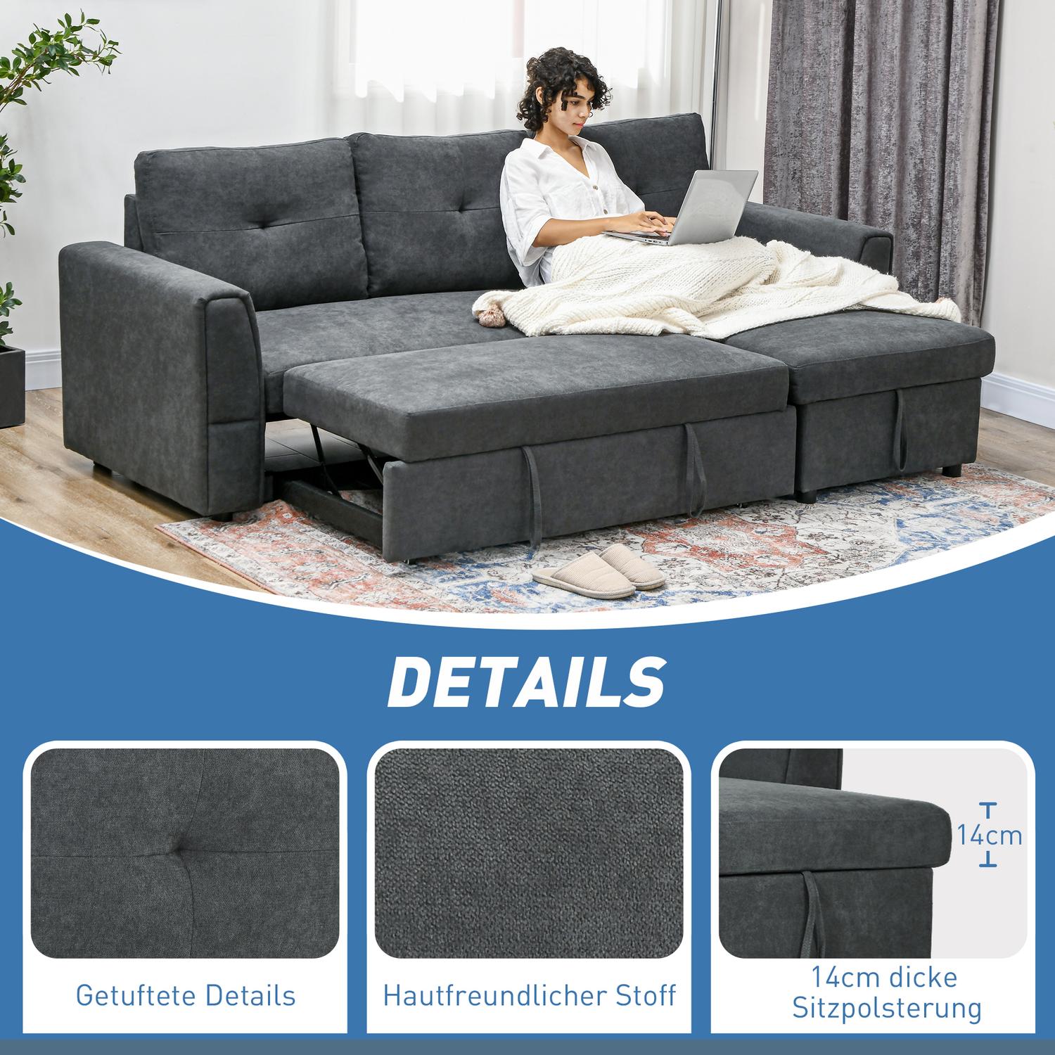 Bäddsoffa med schäslong, 3-sits, mörkgrå