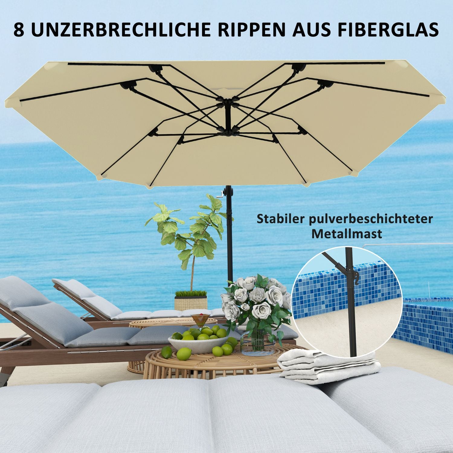Beige 260 cm fribärande aluminiumparaply – Vattentätt & lutningsbart