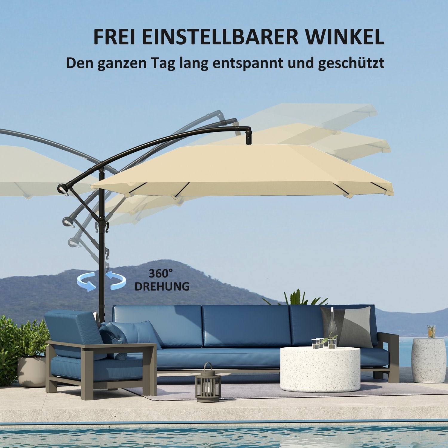 Beige 260 cm fribärande aluminiumparaply – Vattentätt & lutningsbart