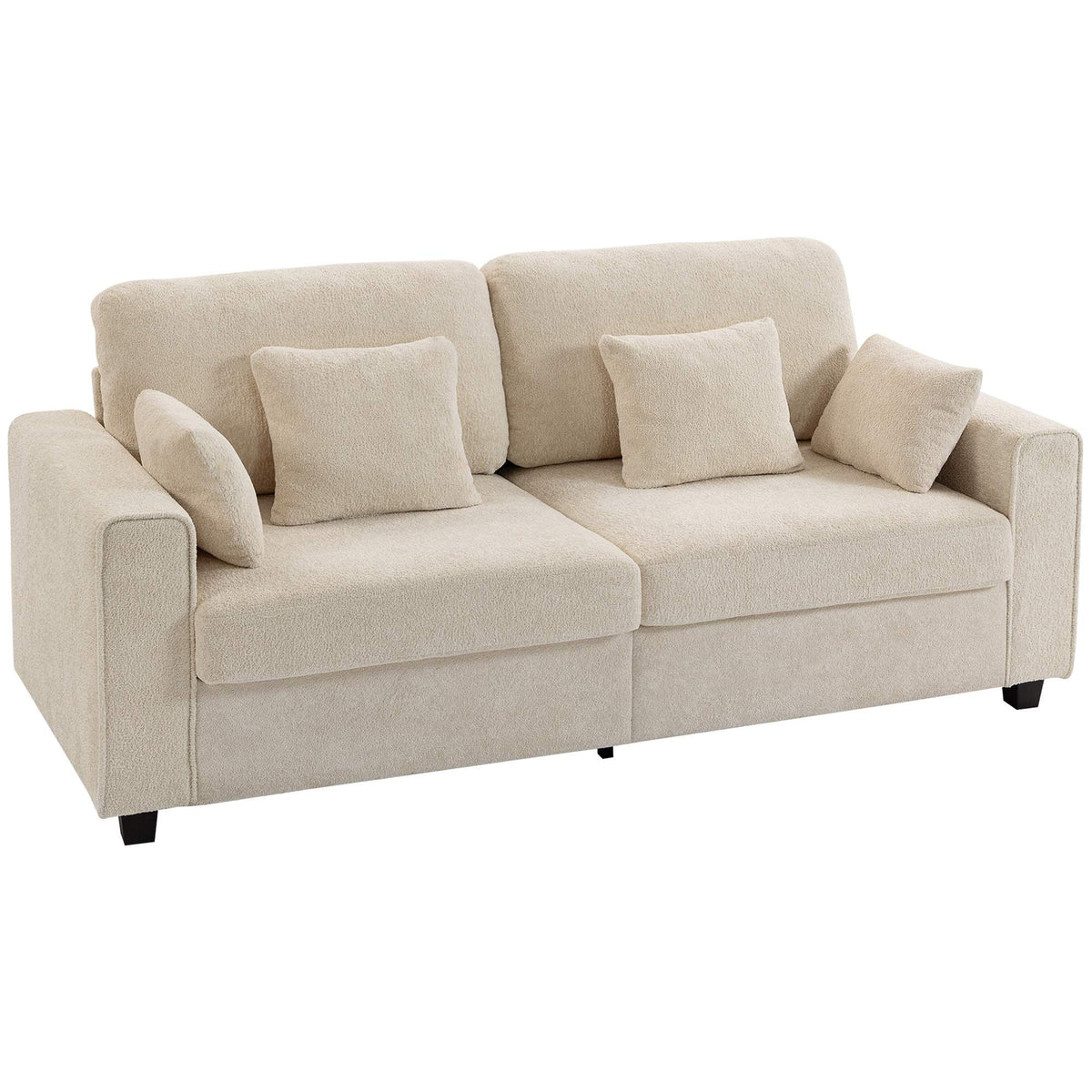 Beige 3-sitssoffa med sammetstyg och djup sits