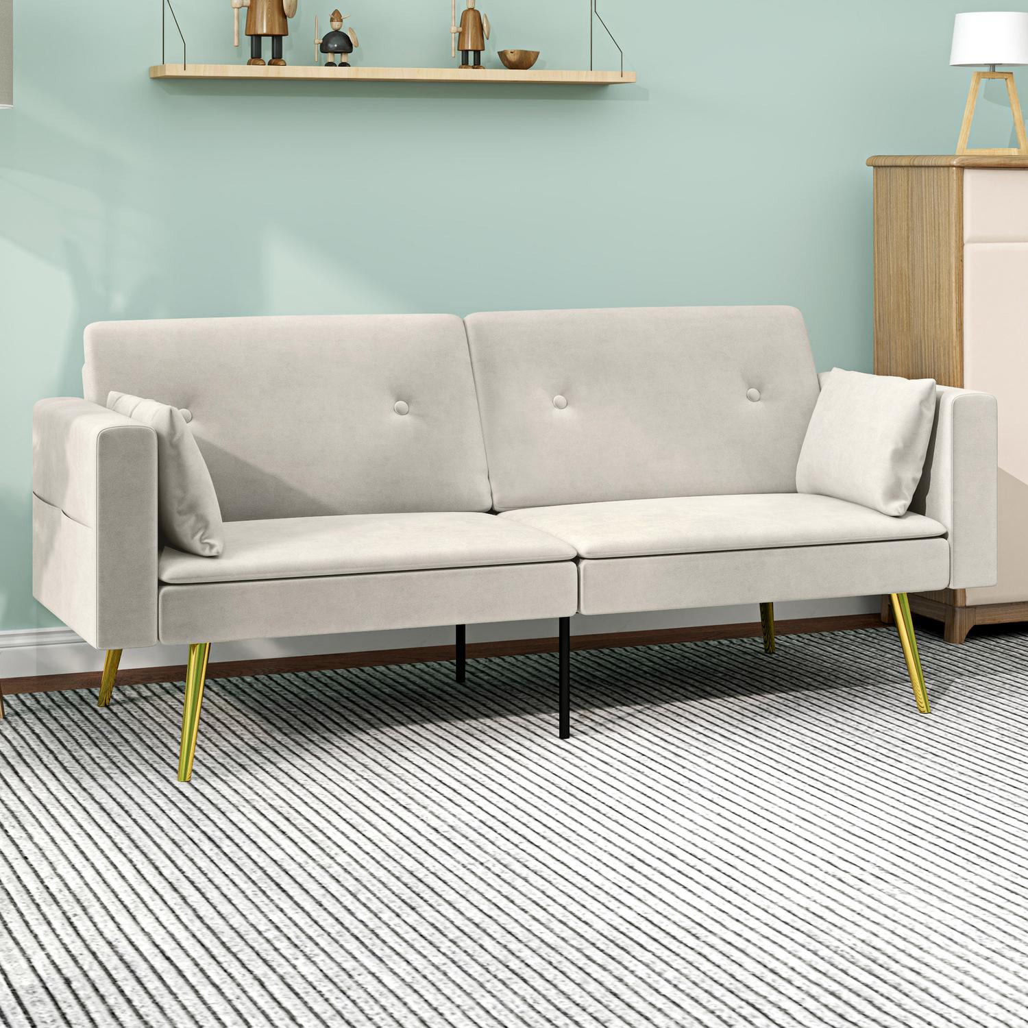 Beige bäddsoffa, 2-sits med justerbart ryggstöd & ficka