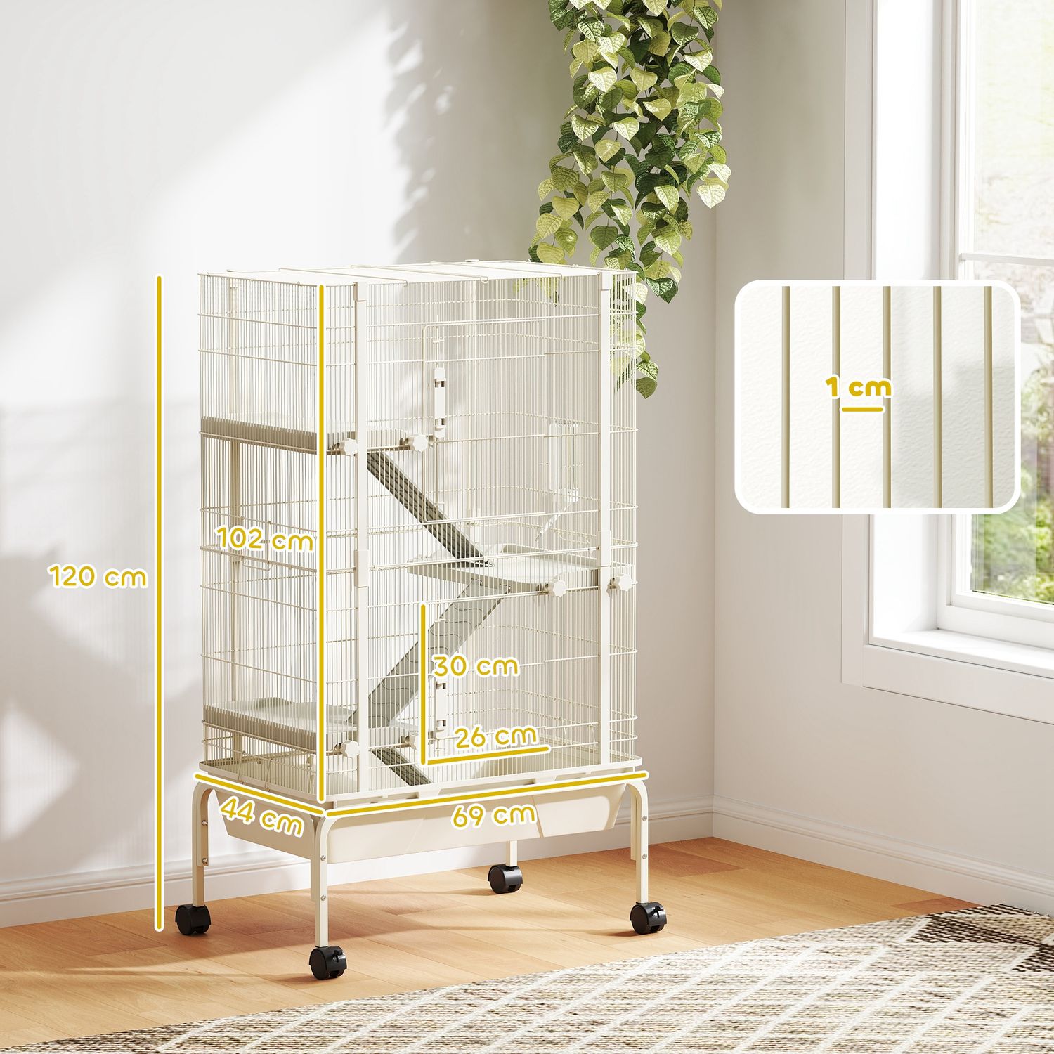 Beige bur för smådjur med tillbehör och utdragbar bricka
