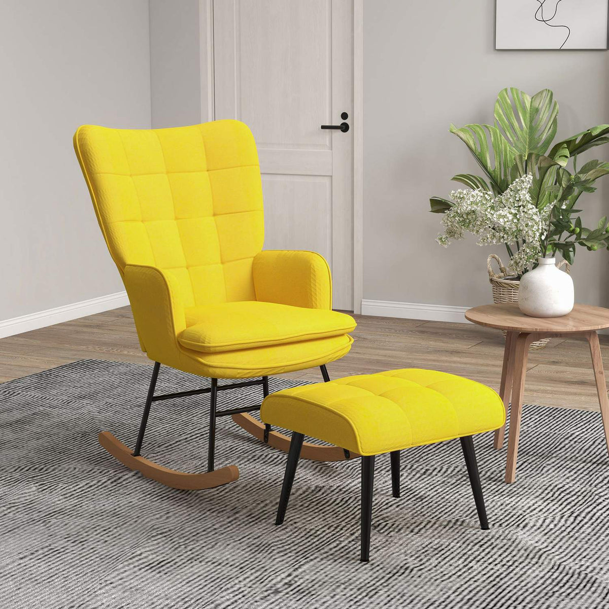 Chaise à bascule beige aspect lin avec pouf, capacité 130 kg