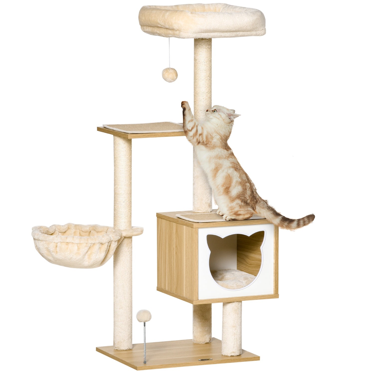 Beige kattträd med grotta och sisalstolpar, 126 Cm