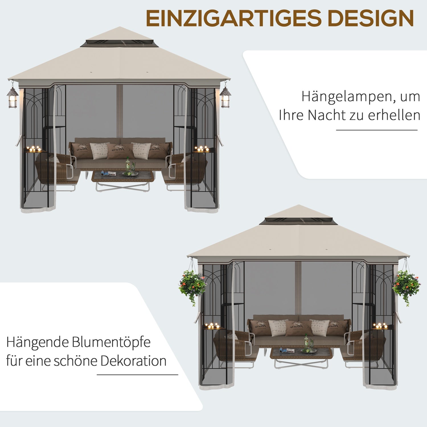 Beige metall & polyester trädgårdspaviljongtält, 3x3m med sidor
