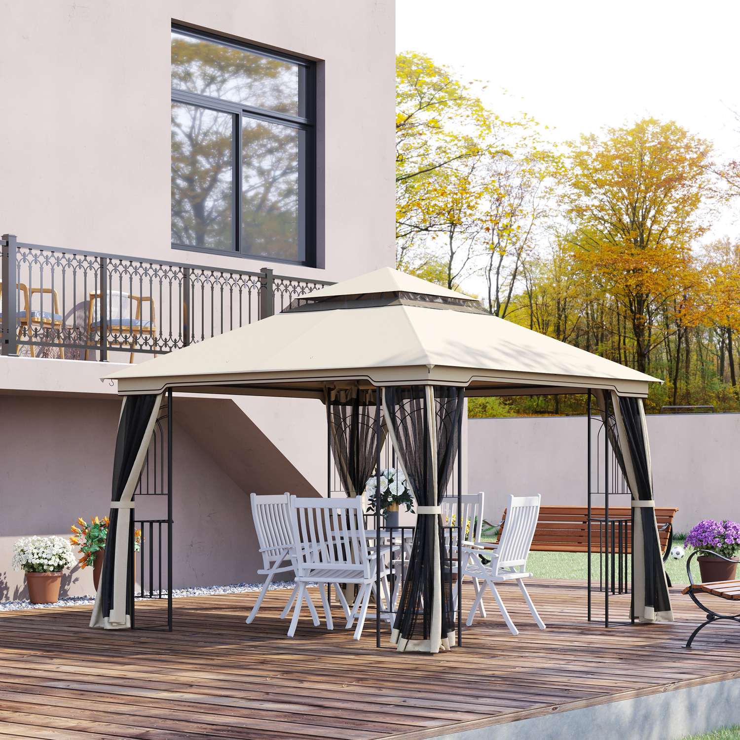 Beige metall & polyester trädgårdspaviljongtält, 3x3m med sidor
