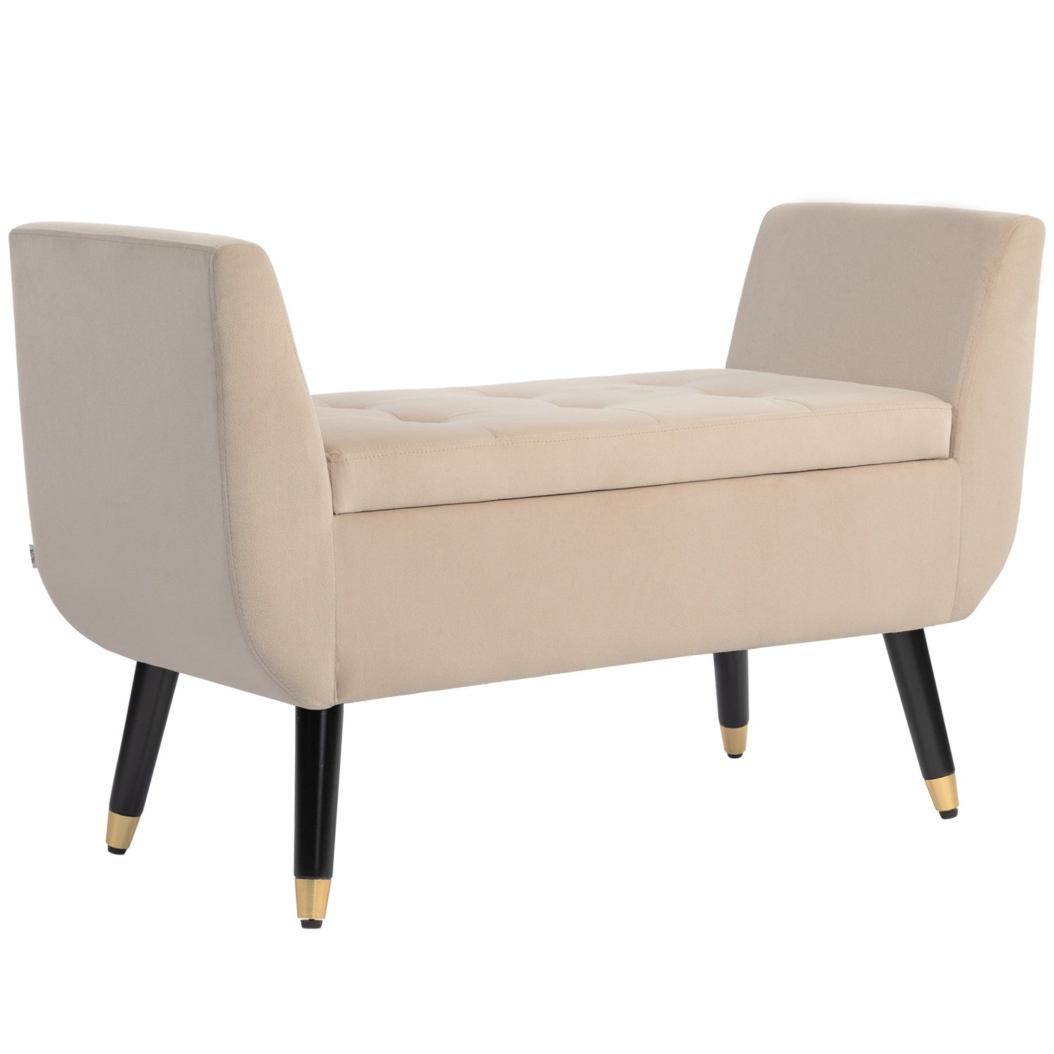 Beige stoppad förvaringsbänk med armstöd – sammetsfinish