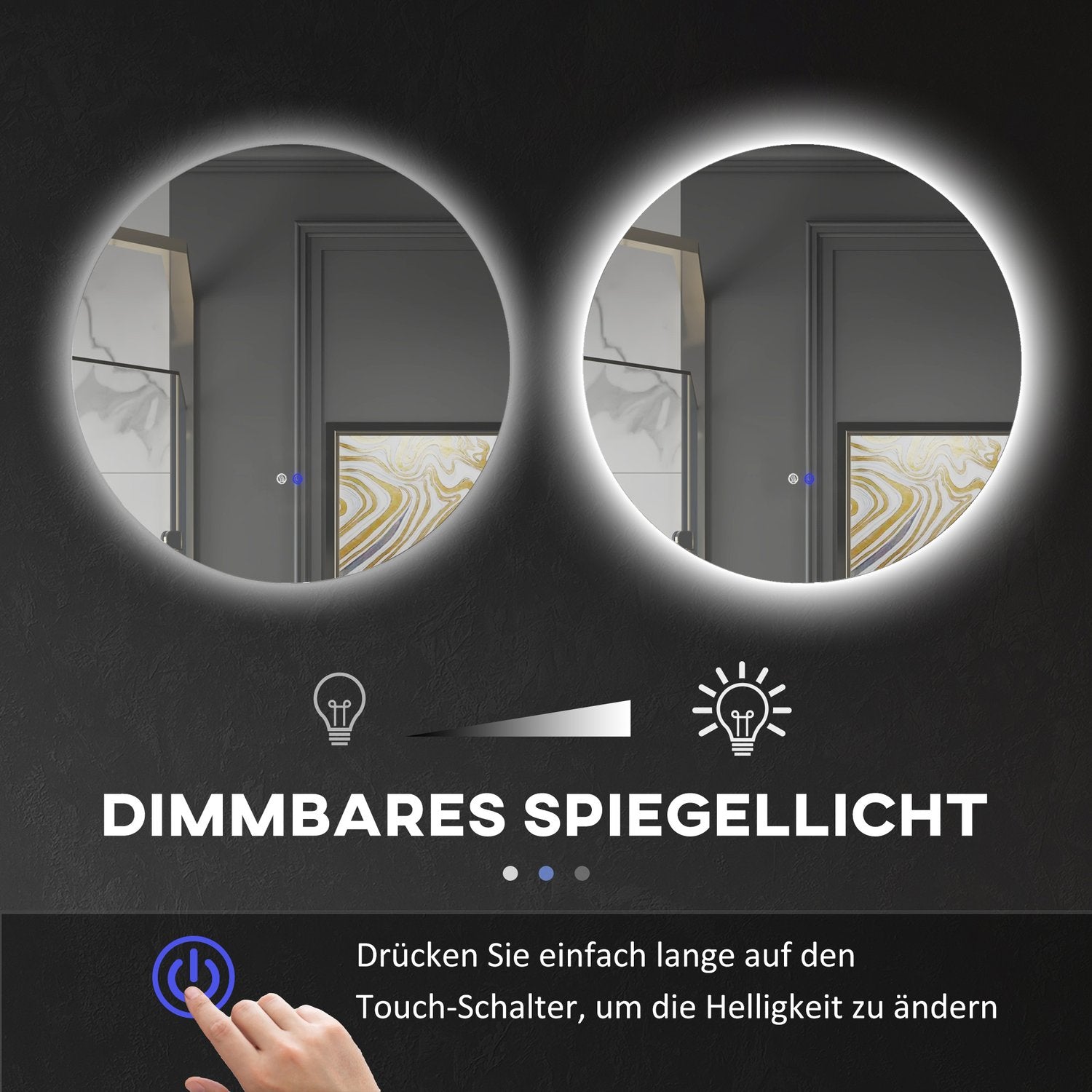 Belyst badrumsspegel, Ø70 cm, Anti-Imma, Touch Switch