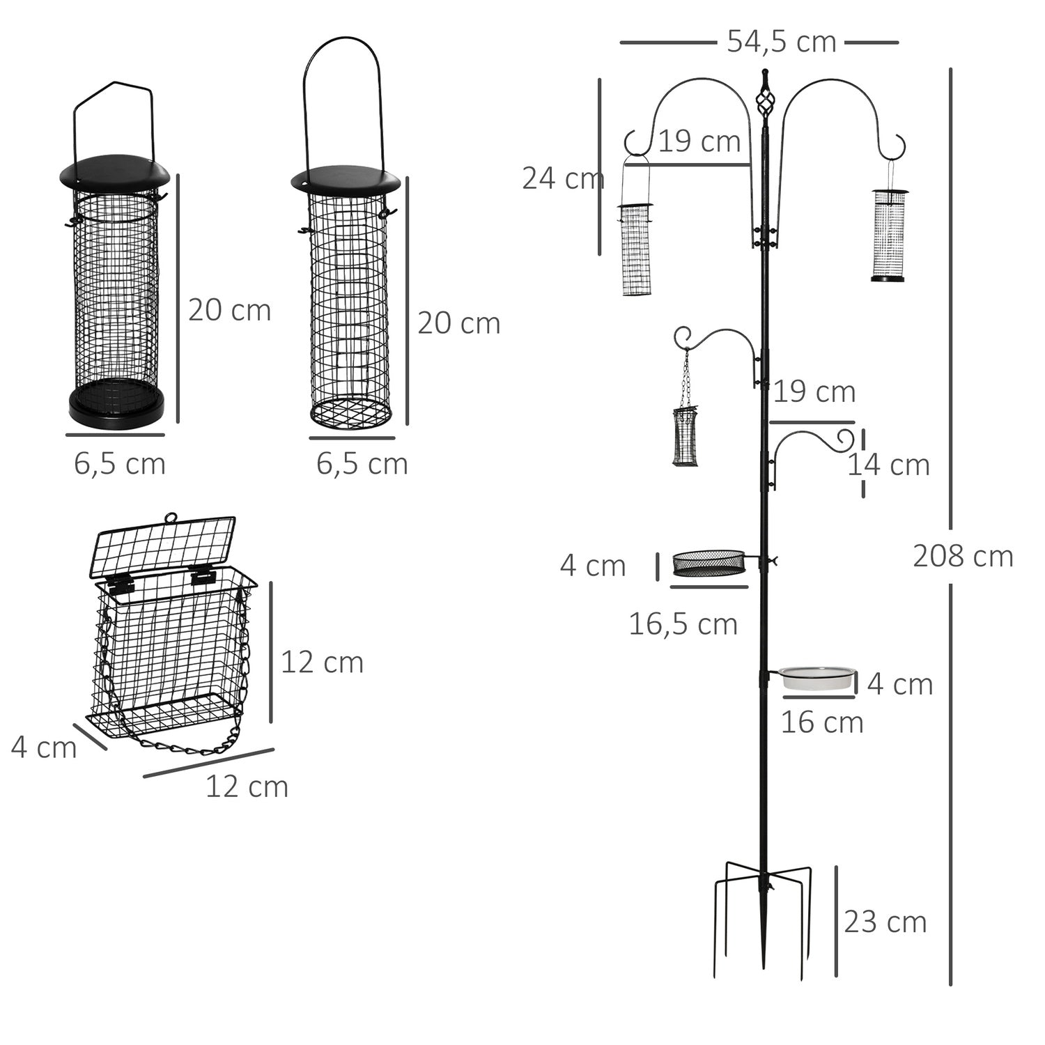 Black Steel Bird Feeding Station Set med badkar & 4 krokar
