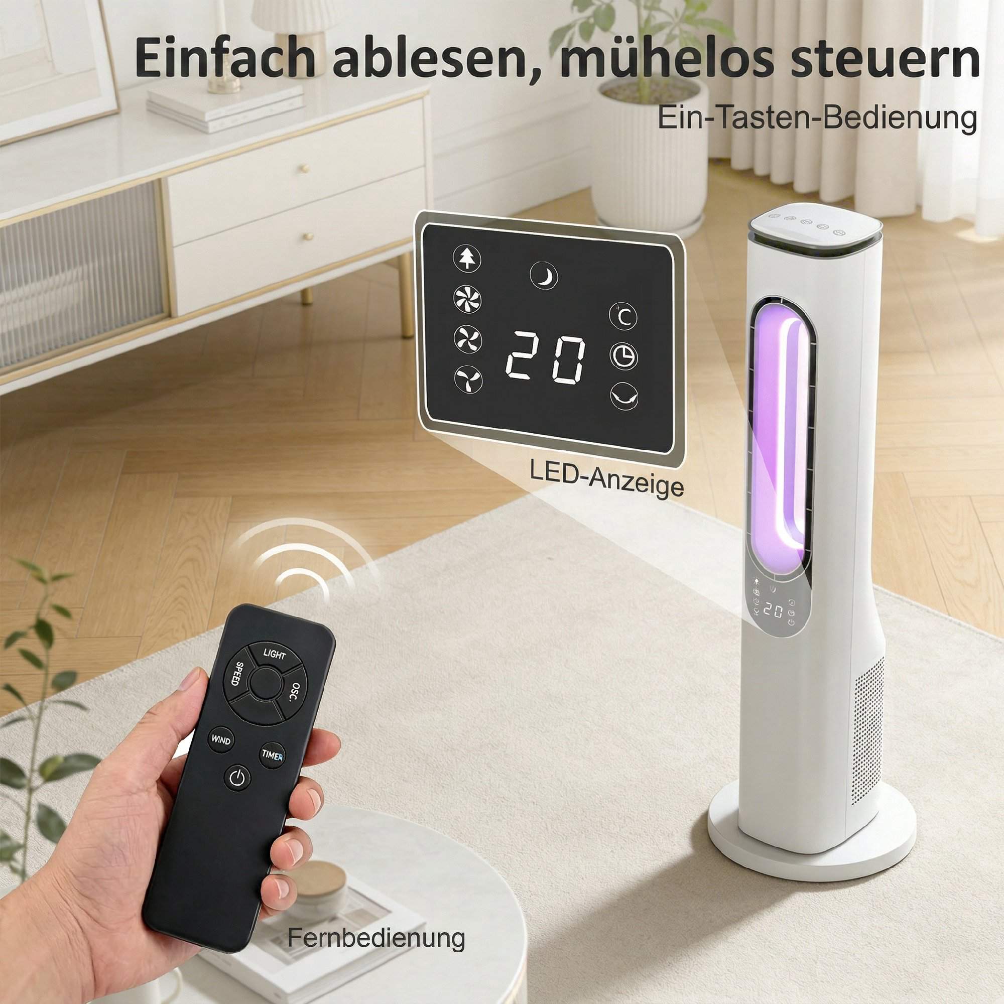 Bladlös tornfläkt med 15-timmars timer, tyst 35 dB, vit