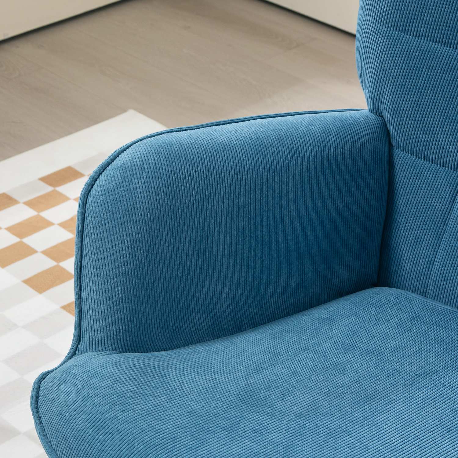 Blå manchester Wingback fåtölj med fotpall, tuftad design
