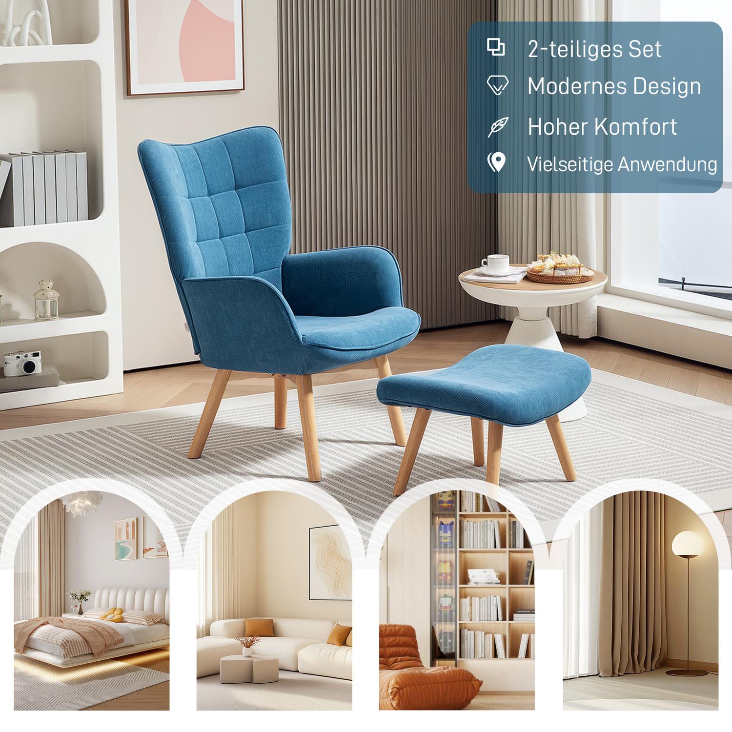 Blå manchester Wingback fåtölj med fotpall, tuftad design