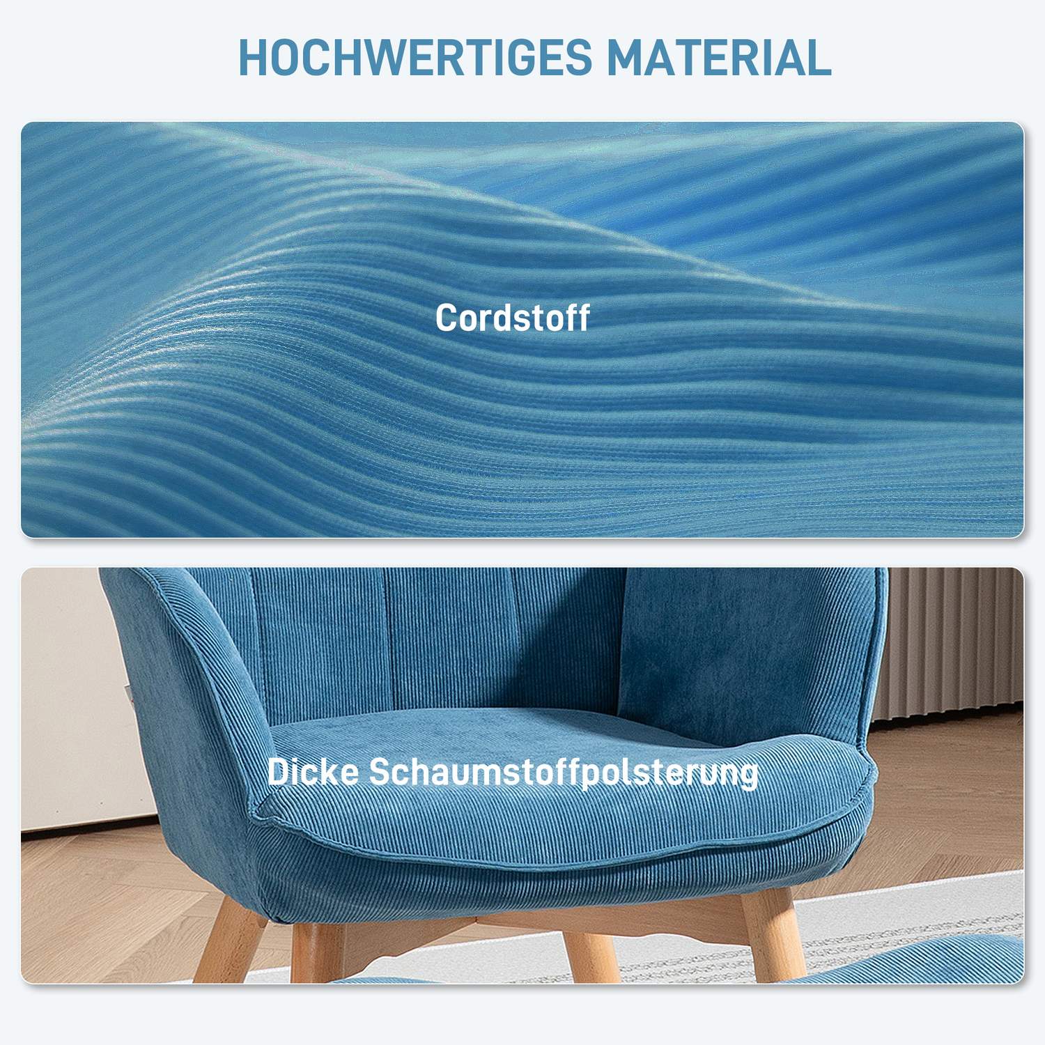 Blå manchester Wingback fåtölj med fotpall, tuftad design