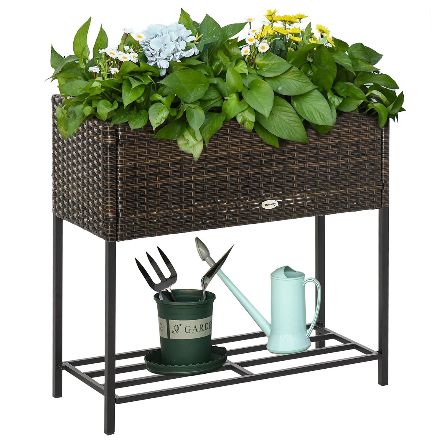 Blomlåda i polyrotting med hylla, brun, 70x30x72 Cm