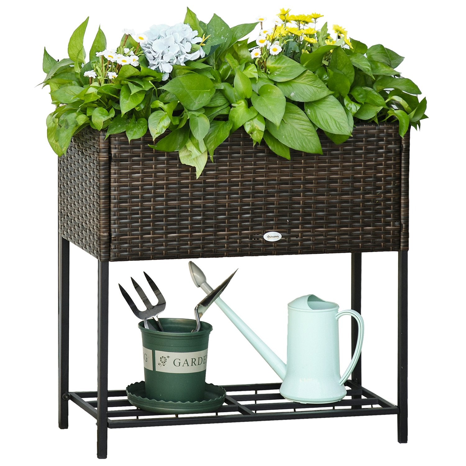 Blomlåda i polyrotting med hylla, brun, 70x30x72 Cm