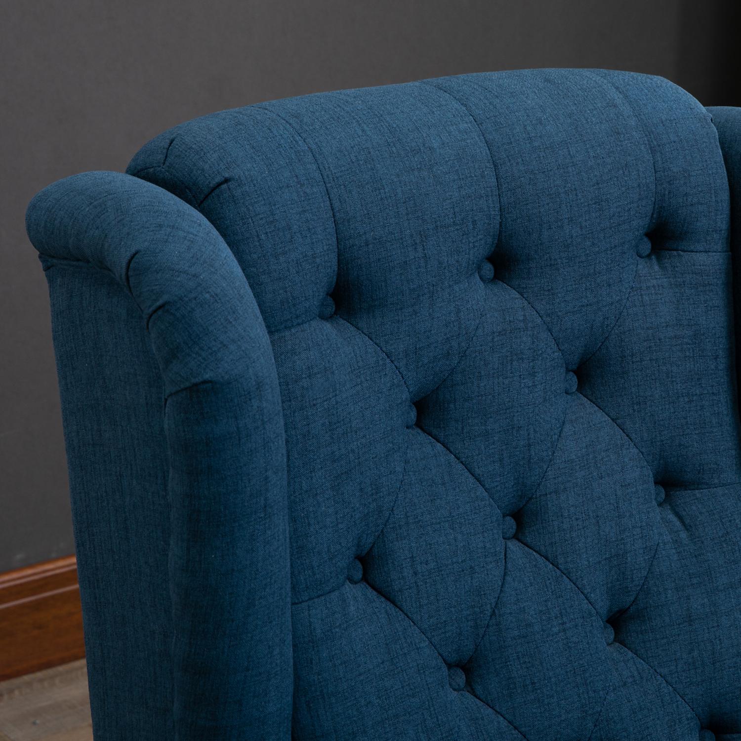 Blå tuftad Wingback-stol med armar, träben – 160 kg kapacitet