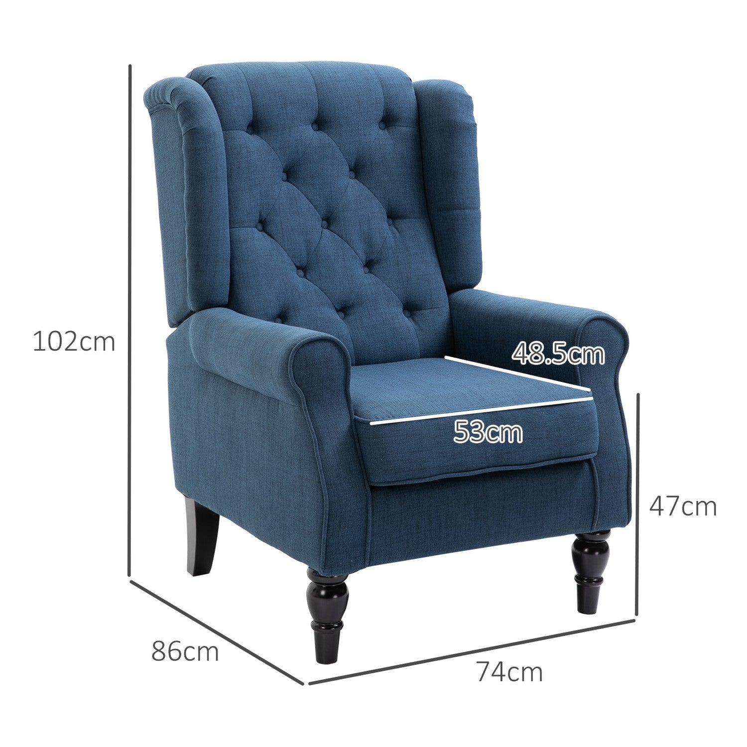 Blå tuftad Wingback-stol med armar, träben – 160 kg kapacitet