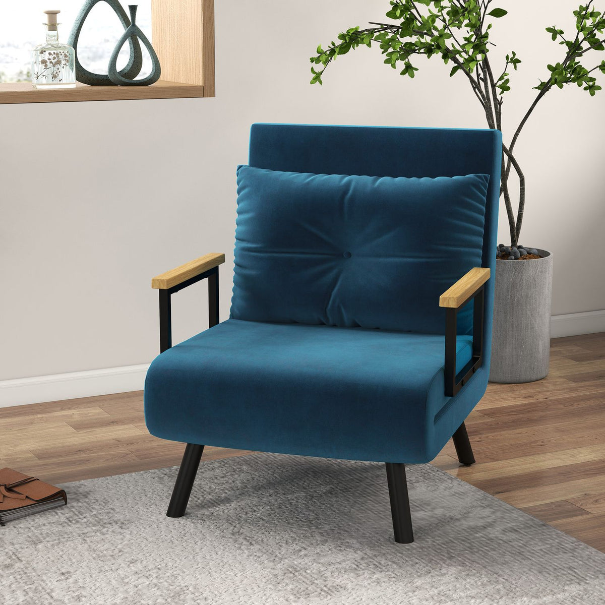 Schlafsofa in blauem Samt – verstellbare Rückenlehne, 63x73x81cm