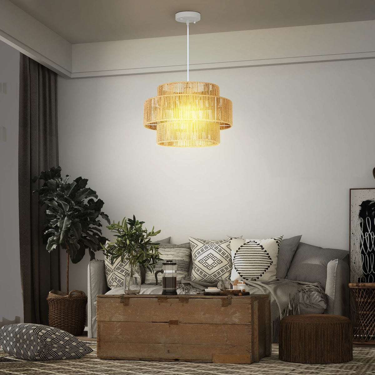 Boho Hemp Rope Pendel Light – E27, ljusbrun, kök/matsal