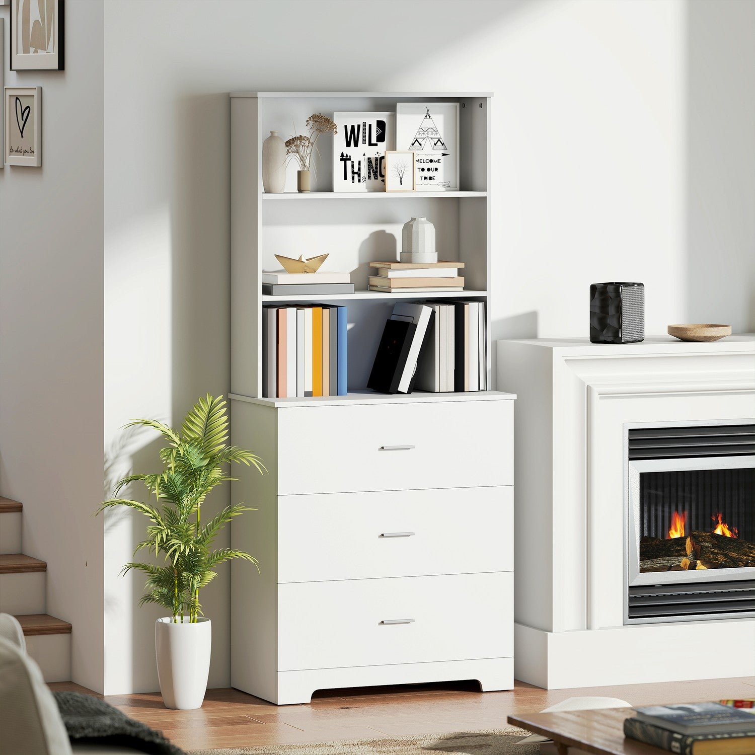 Bokhylla med 3 lådor, 3 hyllor, vit, 79x39,5x180 cm