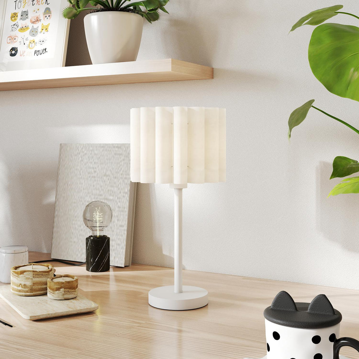 Bordslampa i retrostil, vit plastskärm, E27-sockel
