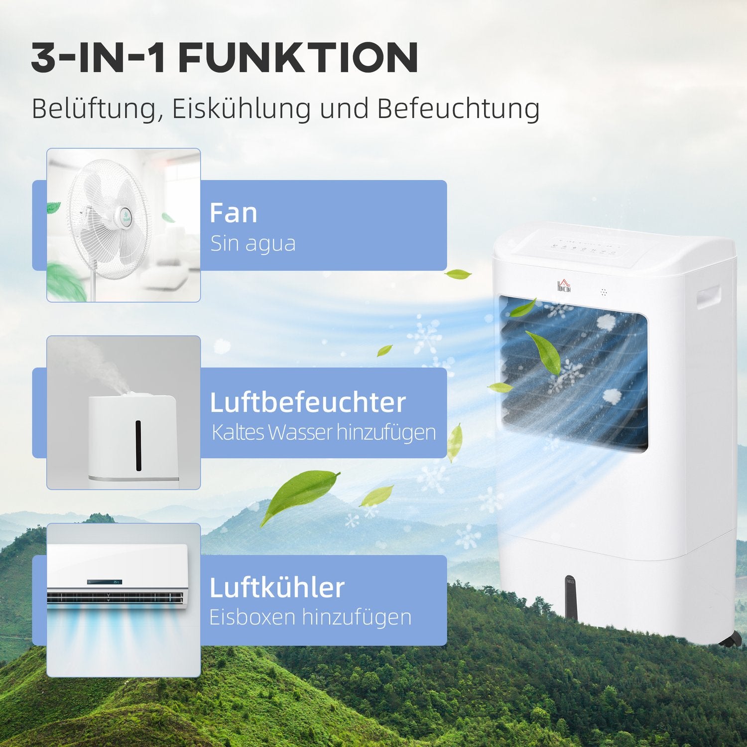 Bärbar 3-i-1 luftkonditionering, luftfuktare, kylare – 15L, fjärrkontroll, timer