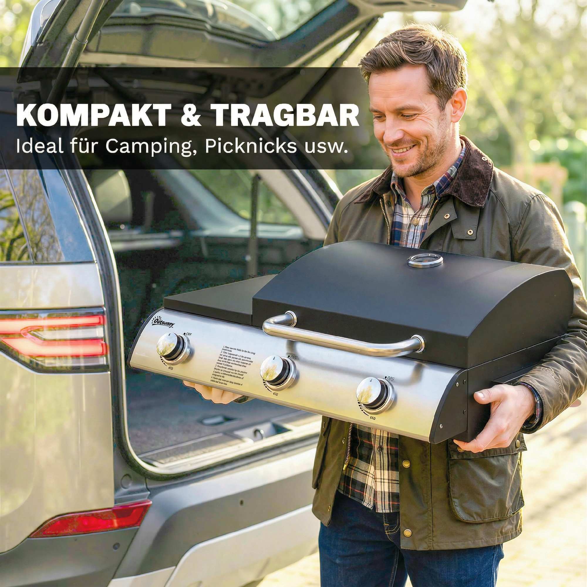 Bärbar bordsgasgrill, 3 brännare, emaljgaller