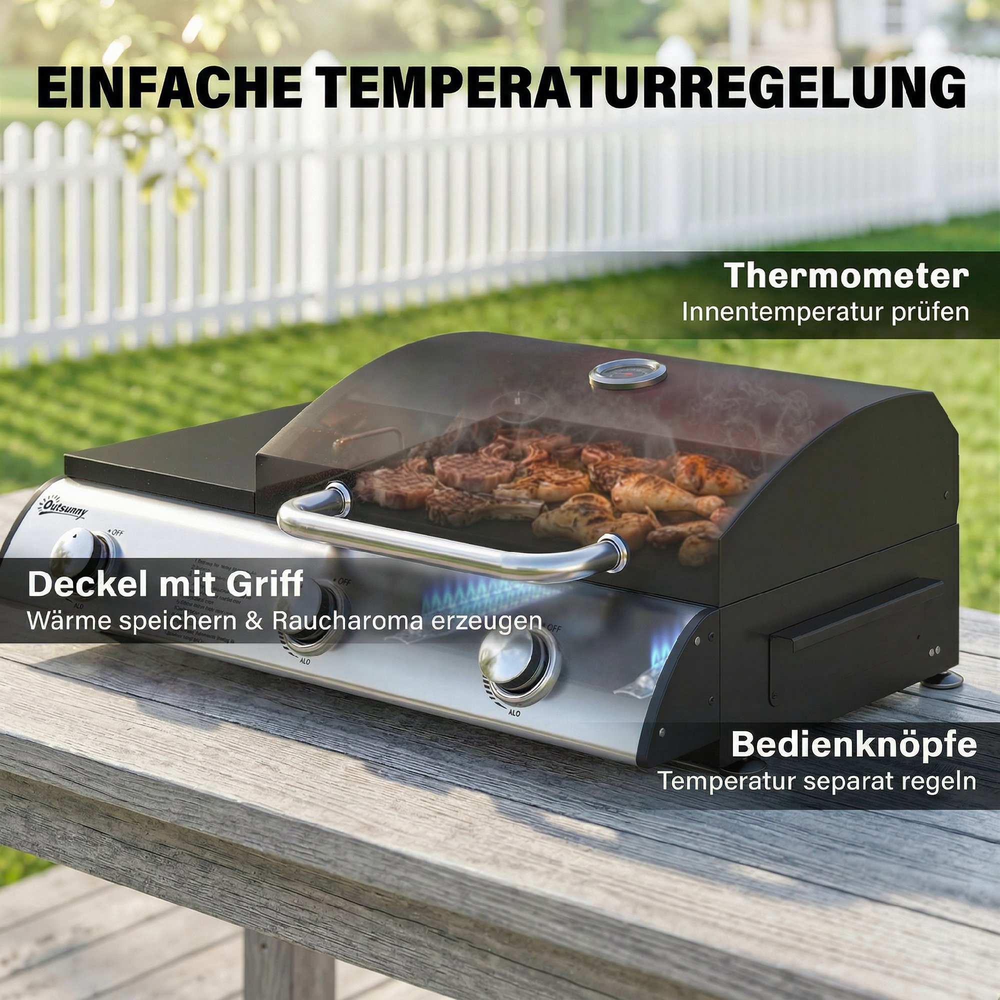 Bärbar bordsgasgrill, 3 brännare, emaljgaller