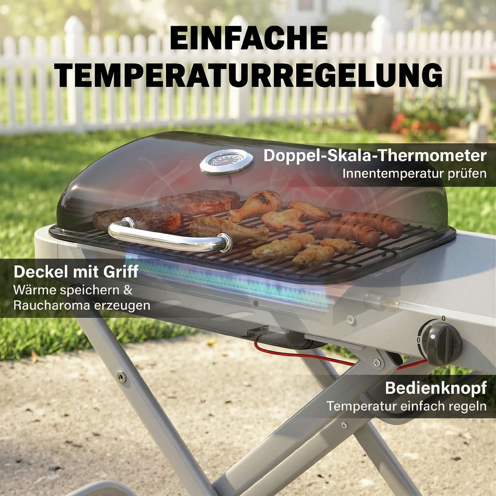 Bärbar gasgrill med 1 brännare, hopfällbar vagn, termometer