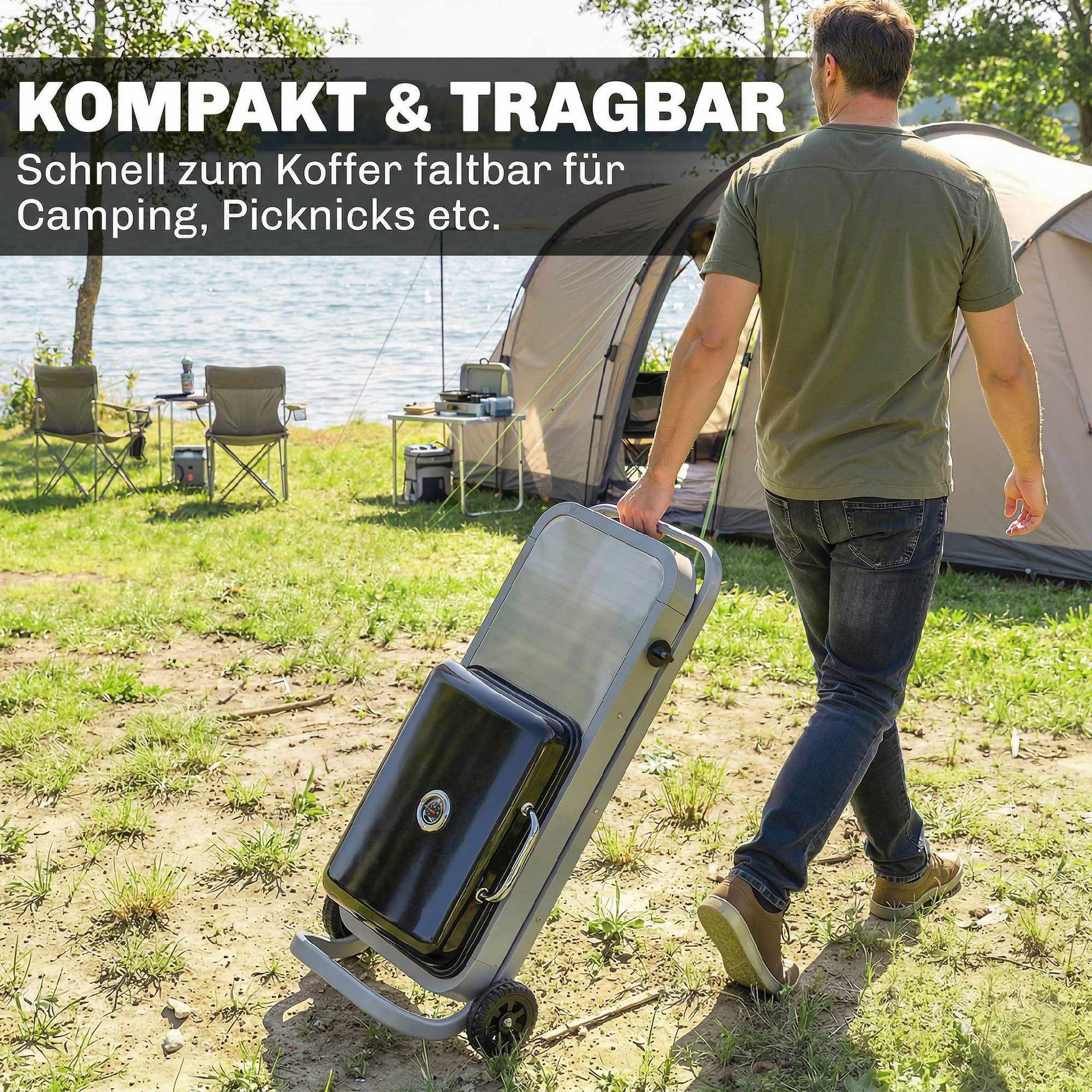 Bärbar gasgrill med 1 brännare, hopfällbar vagn, termometer