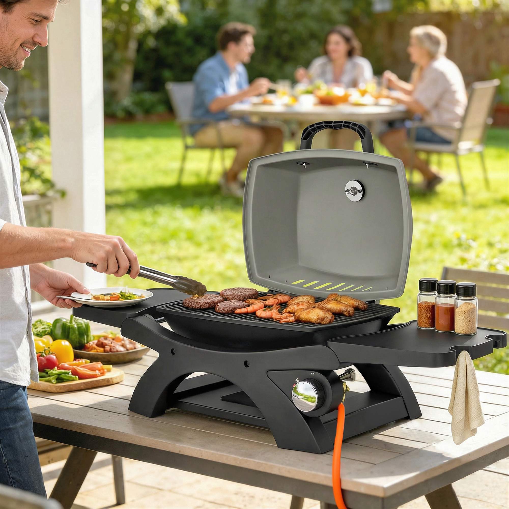 Bärbar gasgrill med 3,3 kW brännare och sidobord