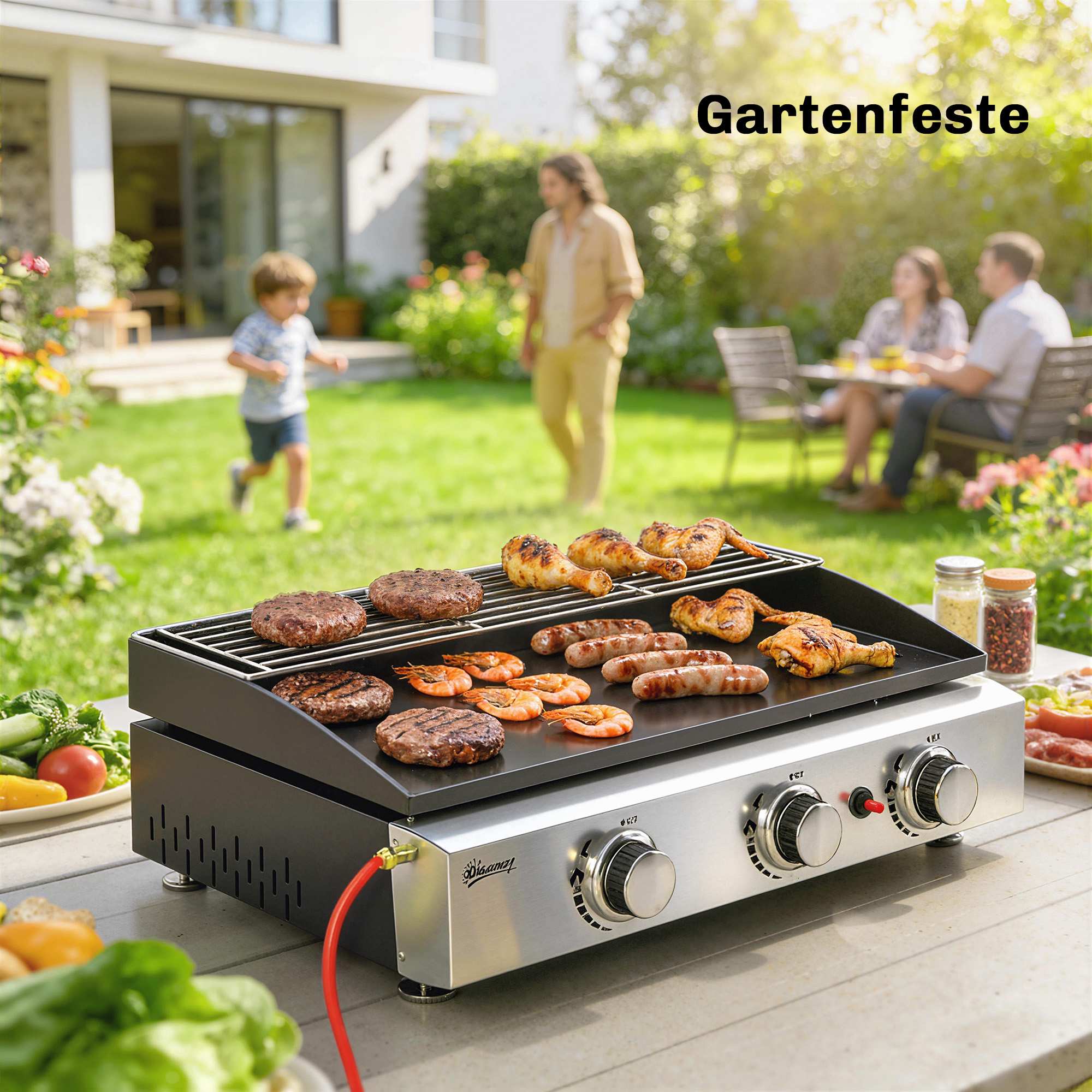 Bärbar gasgrill med 3 brännare och keramisk beläggning